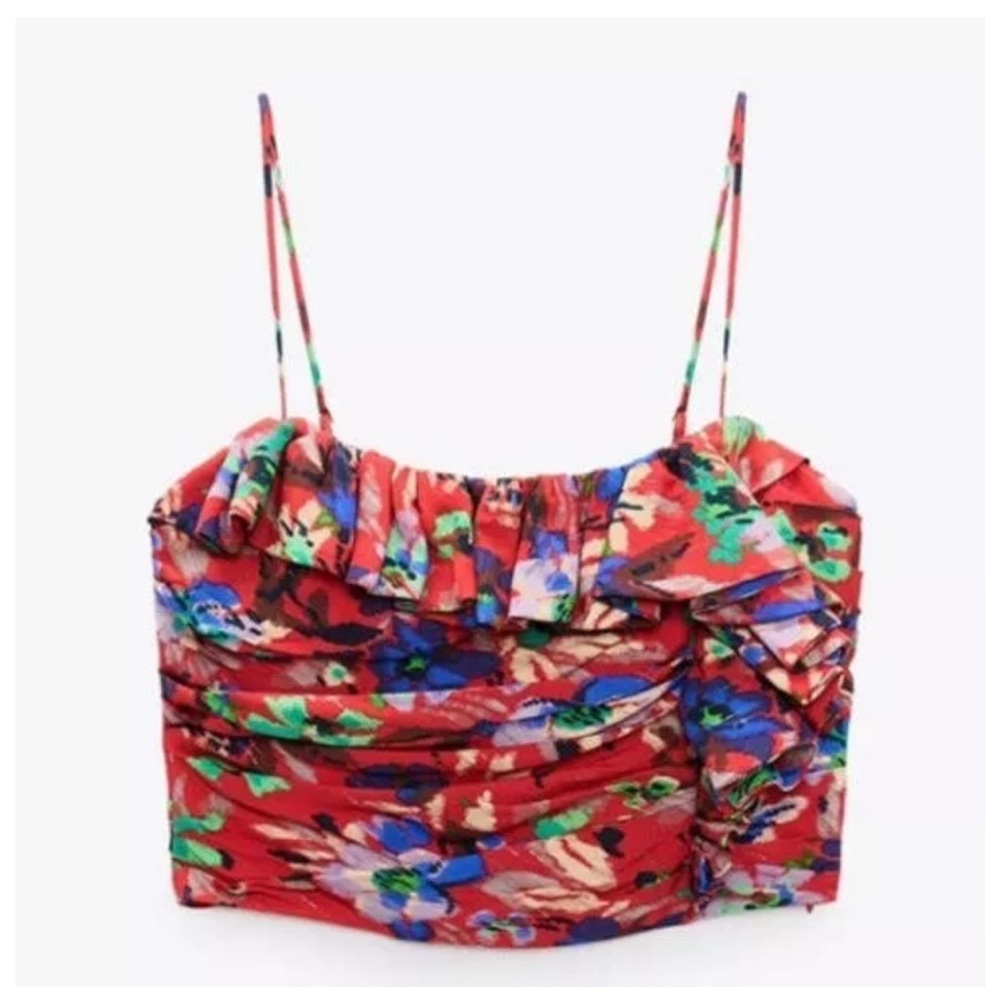 Zara Top | Structured Floral Ruffled Spaghetti Strap Crop Top